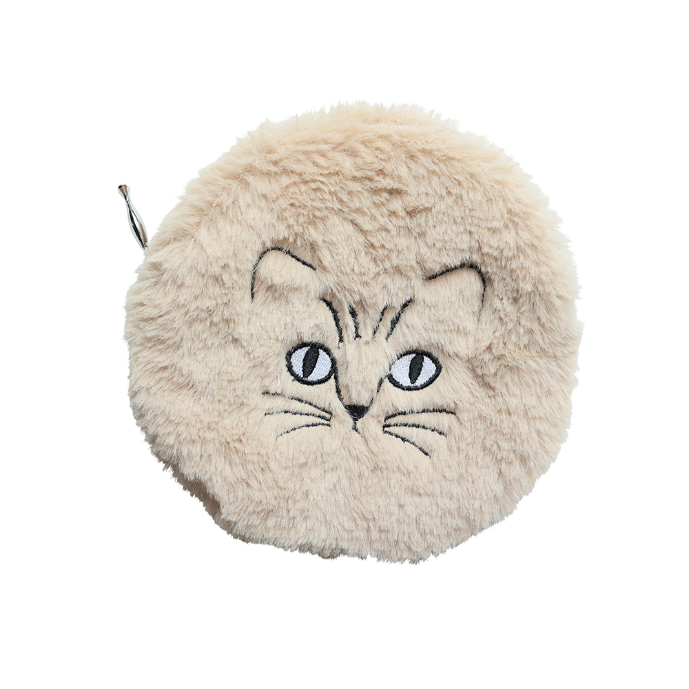 Matsuo Miyuki Fluffy Circular Pouch Cat-Ivory | 8000000works